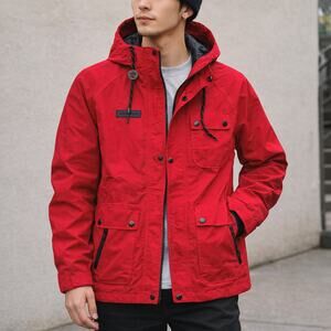 Converse Red Hooded Rain Jacket Men’s XS 85 Zip Pocket Streetwear